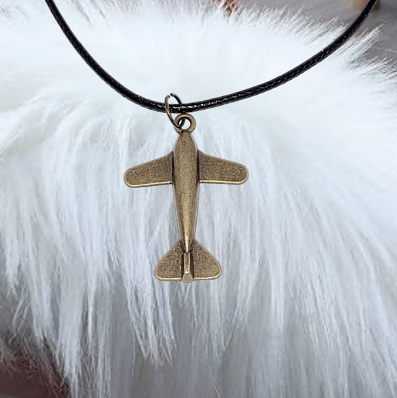 .Bronze Airplane Pendant with Black Cord Necklace - Picture 4 of 5